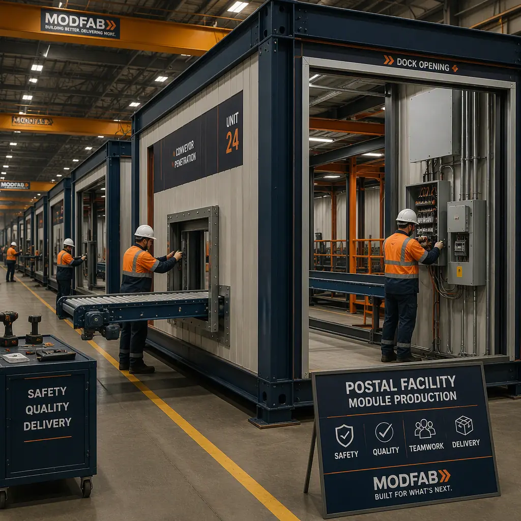 Factory floor of modular prefabricated construction facility, steel-frame postal facility modules in production with dock opening frames visible, workers installing conveyor penetrations and electrical distribution panels (no faces), assembly line, dark navy and warm steel orange accents