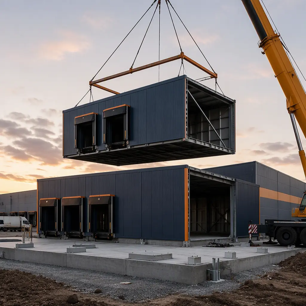 Crane lifting prefabricated steel-frame building module onto foundations at postal facility construction site, large industrial modules with dock openings being positioned, site work minimal with concrete pad prepared, module seams visible, dark navy steel with warm orange accents, no people faces, no text