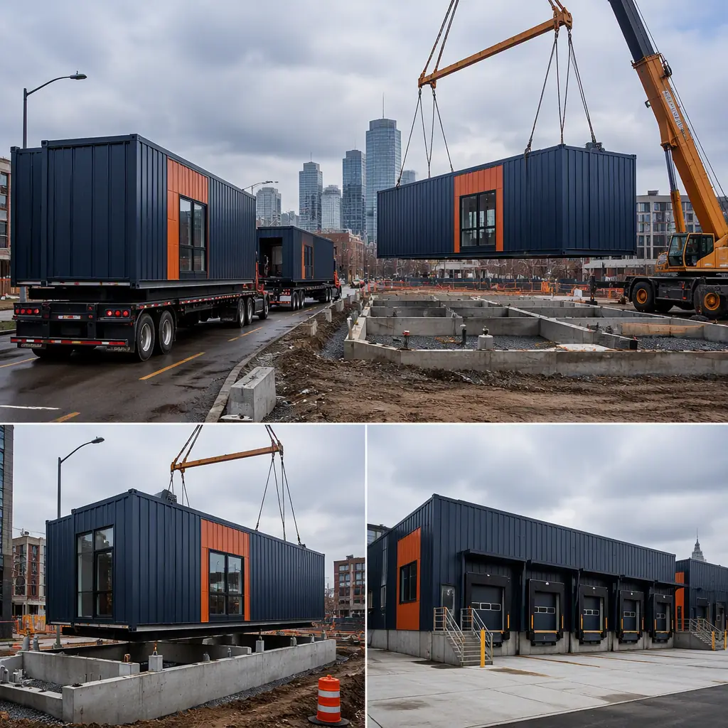 Prefabricated steel-frame postal facility modules arriving on flatbed trucks at urban site, crane positioning module over prepared foundations, delivery unit building with dock bays visible, module seams visible, dark navy steel with warm orange accents, no people faces, no text, no logos