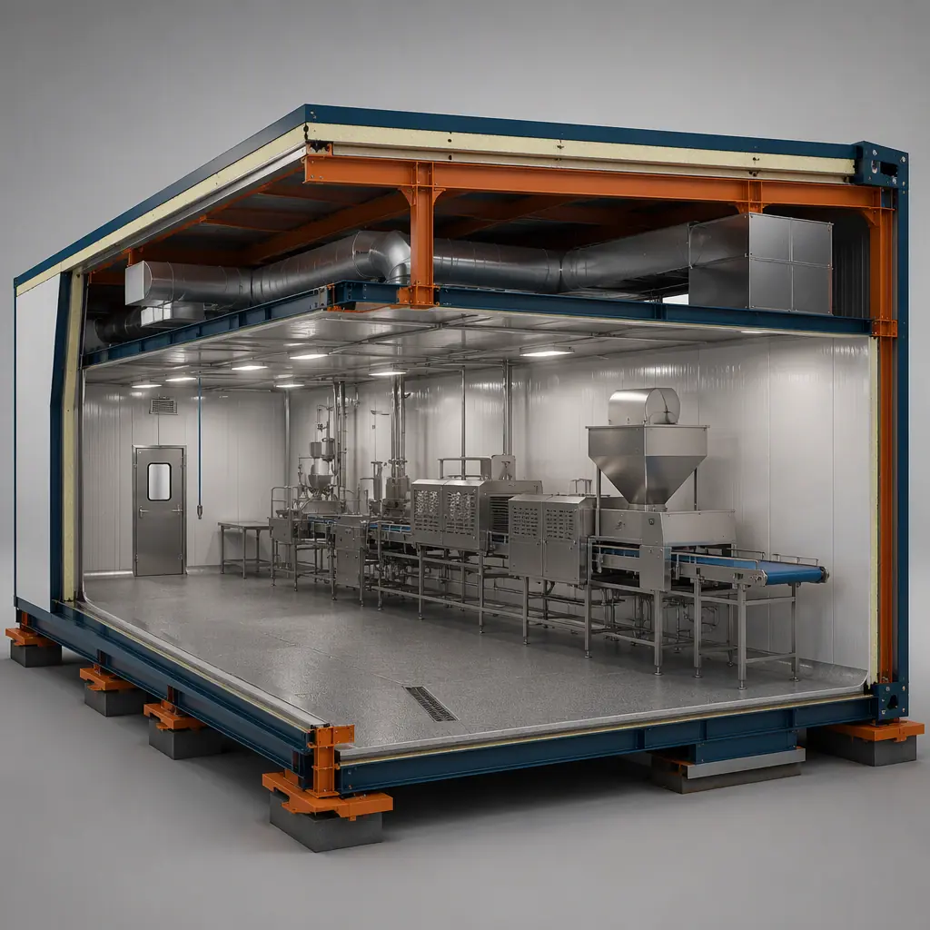 Photorealistic 3D cross-section render of modular poultry processing room, stainless steel process line along cleanable wall panels, sloped floor with drains, overhead utility chase and ducting, insulated panel envelope, steel frame structure visible, clean engineering visualization, no text, no labels