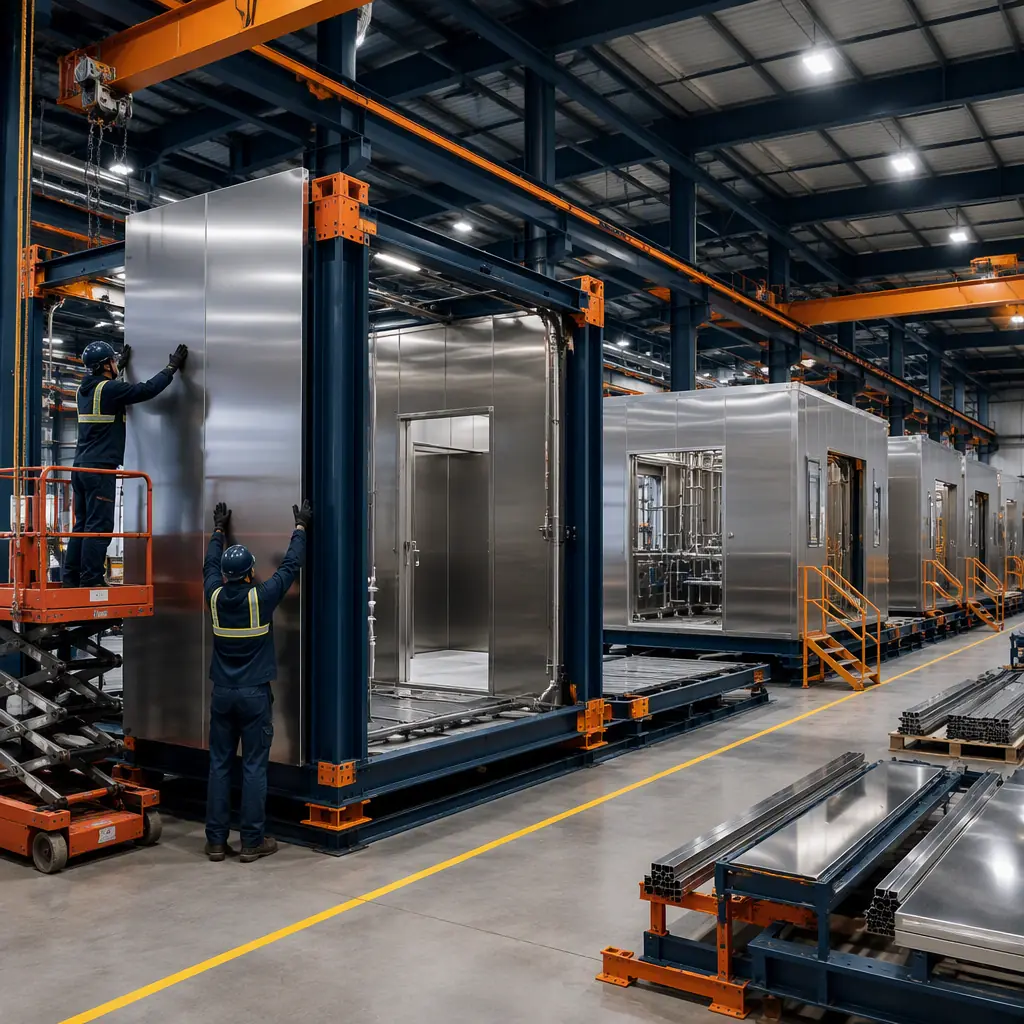 Factory floor of modular prefabricated construction facility, food-grade stainless wall panels being installed in steel-frame processing module, assembly line with modules in production, quality control inspection station, dark navy steel with warm orange accents, no people faces, no text, no logos