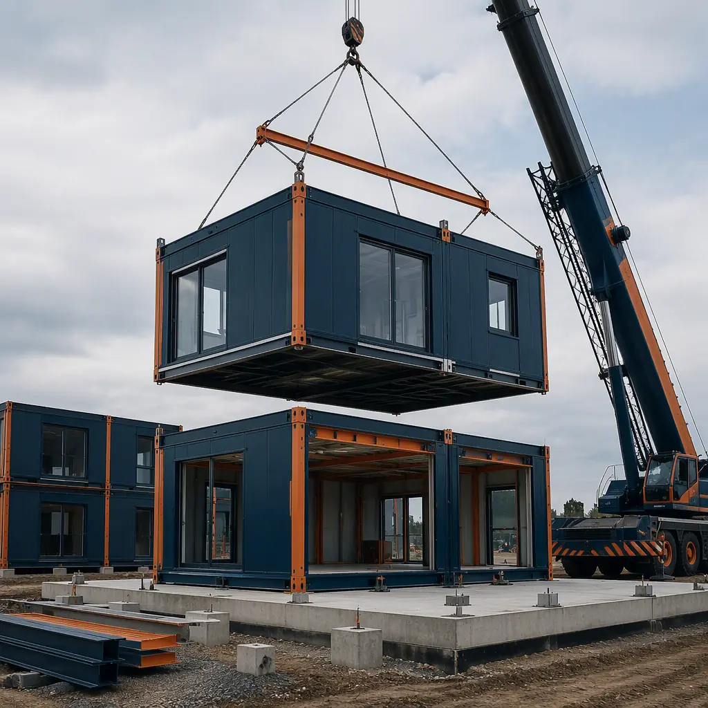 Crane lifting prefabricated steel-frame processing module with pre-installed food-grade wall panels onto concrete pad at poultry plant construction site, module seams visible, clean level site with utility trenches prepared, dark navy steel with warm orange accents, no people faces, no text