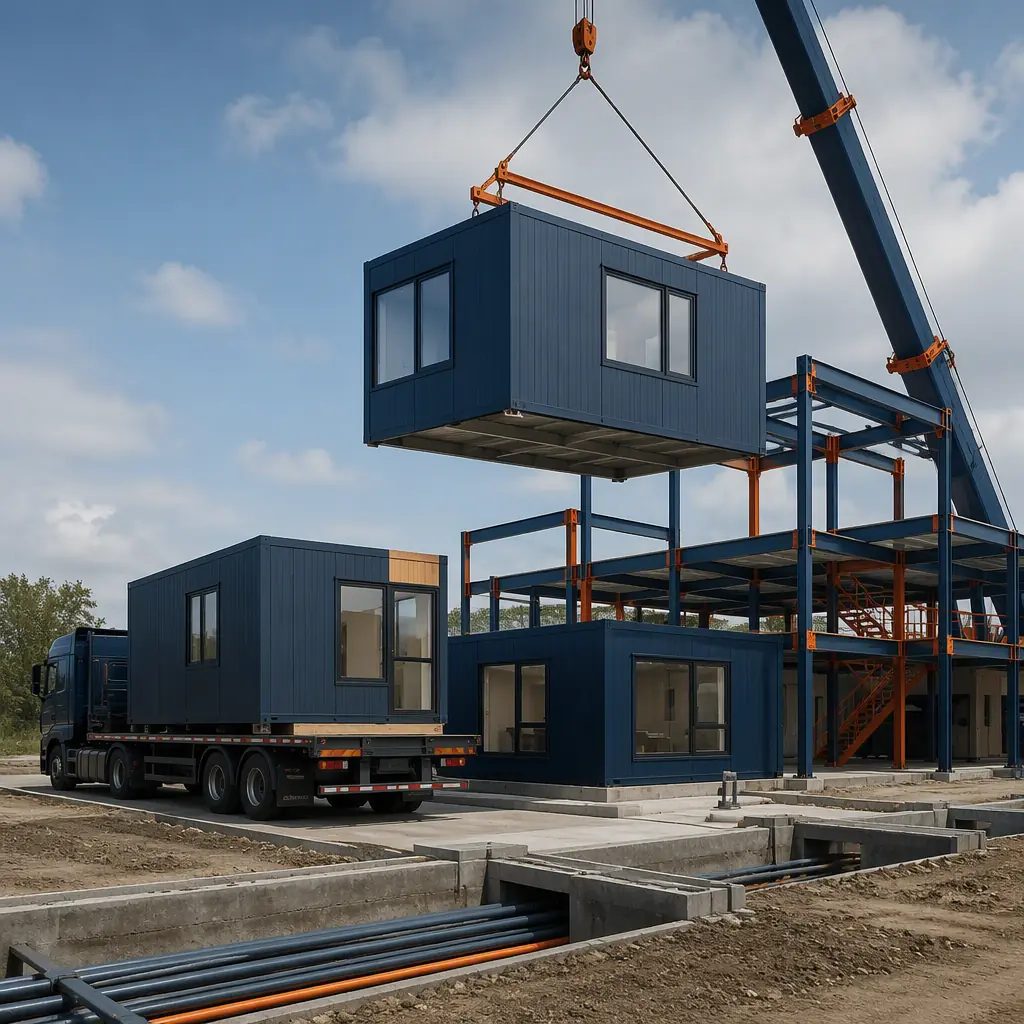 Prefabricated food processing modules arriving on flatbed trucks at poultry plant site, crane positioning steel-frame module onto prepared foundation, module seams visible, utility trenches and site work under preparation, dark navy steel with warm orange accents, no people faces, no text, no logos