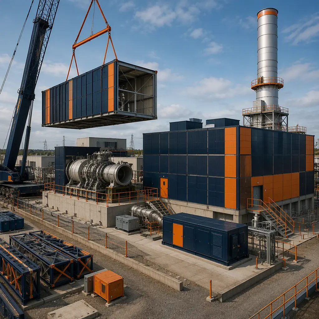 Modular power generation plant site, prefabricated steel-frame gas turbine enclosure modules being craned into position beside turbine foundation, factory-built electrical building modules with grid pattern facade, module seams visible, stack in background, clean geometric industrial architecture, dark navy structural steel with warm steel orange accents