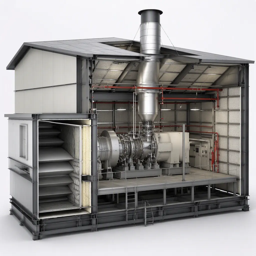 Photorealistic 3D cross-section render of modular gas turbine enclosure building, steel frame with acoustic panel cladding, inlet filtration housing with silencer, turbine exhaust duct penetrating roof, fire suppression piping, raised steel floor, clean engineering visualization, no text, no labels