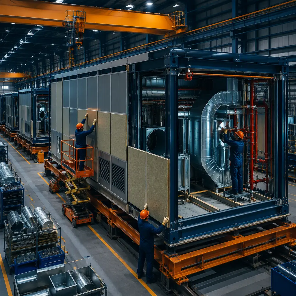 Factory floor of modular prefabricated construction facility, steel-framed gas turbine enclosure module under assembly, acoustic panel cladding being installed on module frame, workers fitting ventilation ductwork and fire suppression piping (no faces), overhead crane, assembly line, dark navy and warm steel orange accents