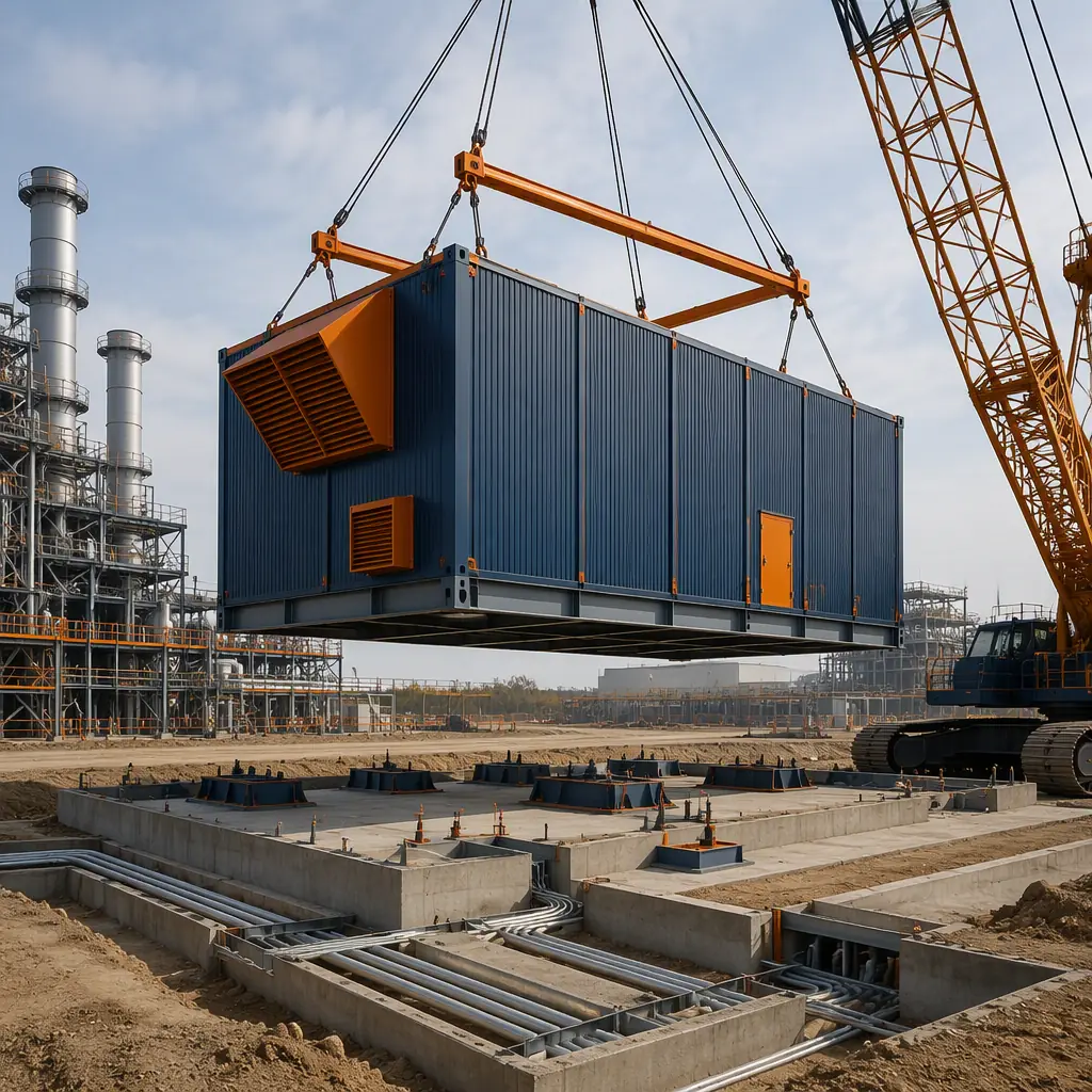 Crane lifting prefabricated steel-frame gas turbine enclosure module onto foundation at power plant construction site, module with acoustic panel cladding and ventilation housings, cleared site with turbine foundation and utility trenches, module seams visible, dark navy structural steel with warm steel orange accents, no people