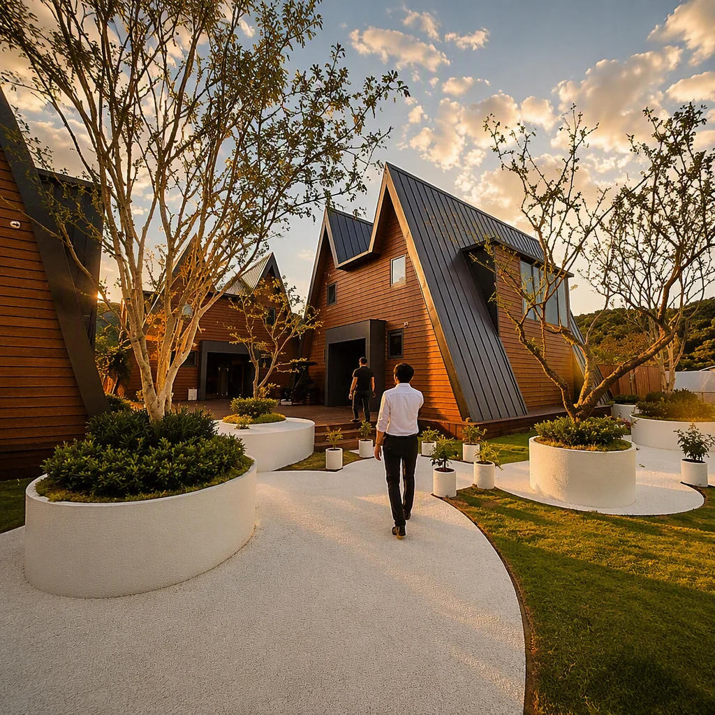 A-frame modular resort hotel courtyard with timber cabin modules