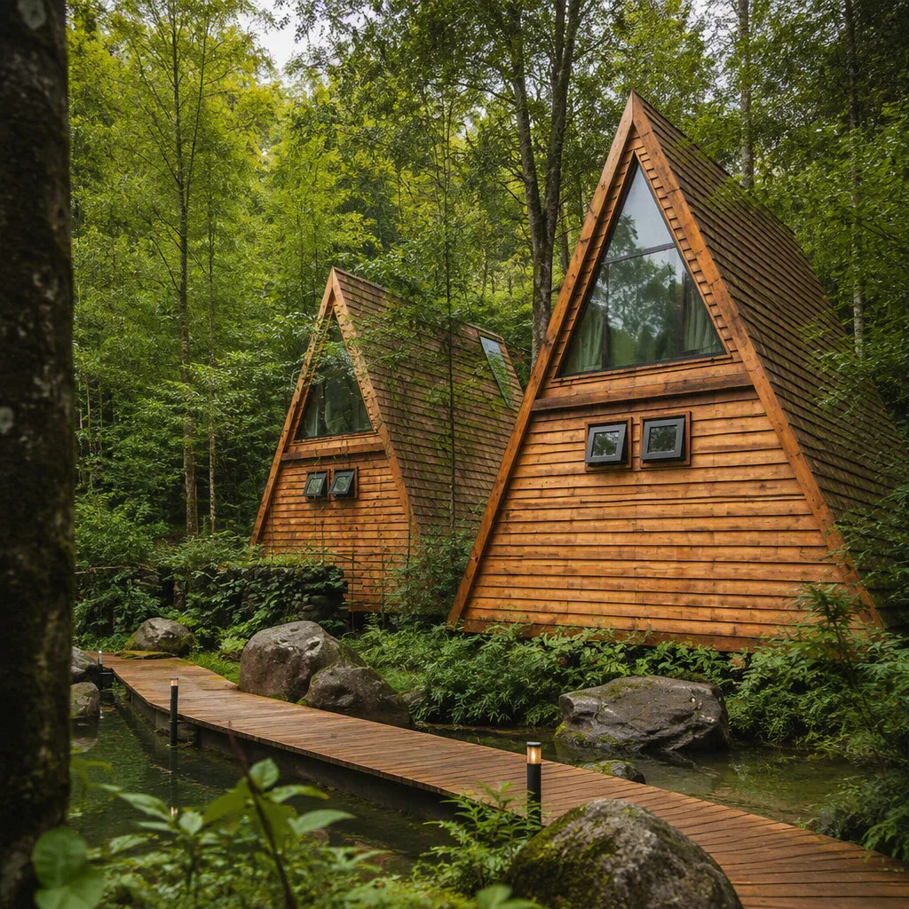 A-frame modular cabins on a forest resort site