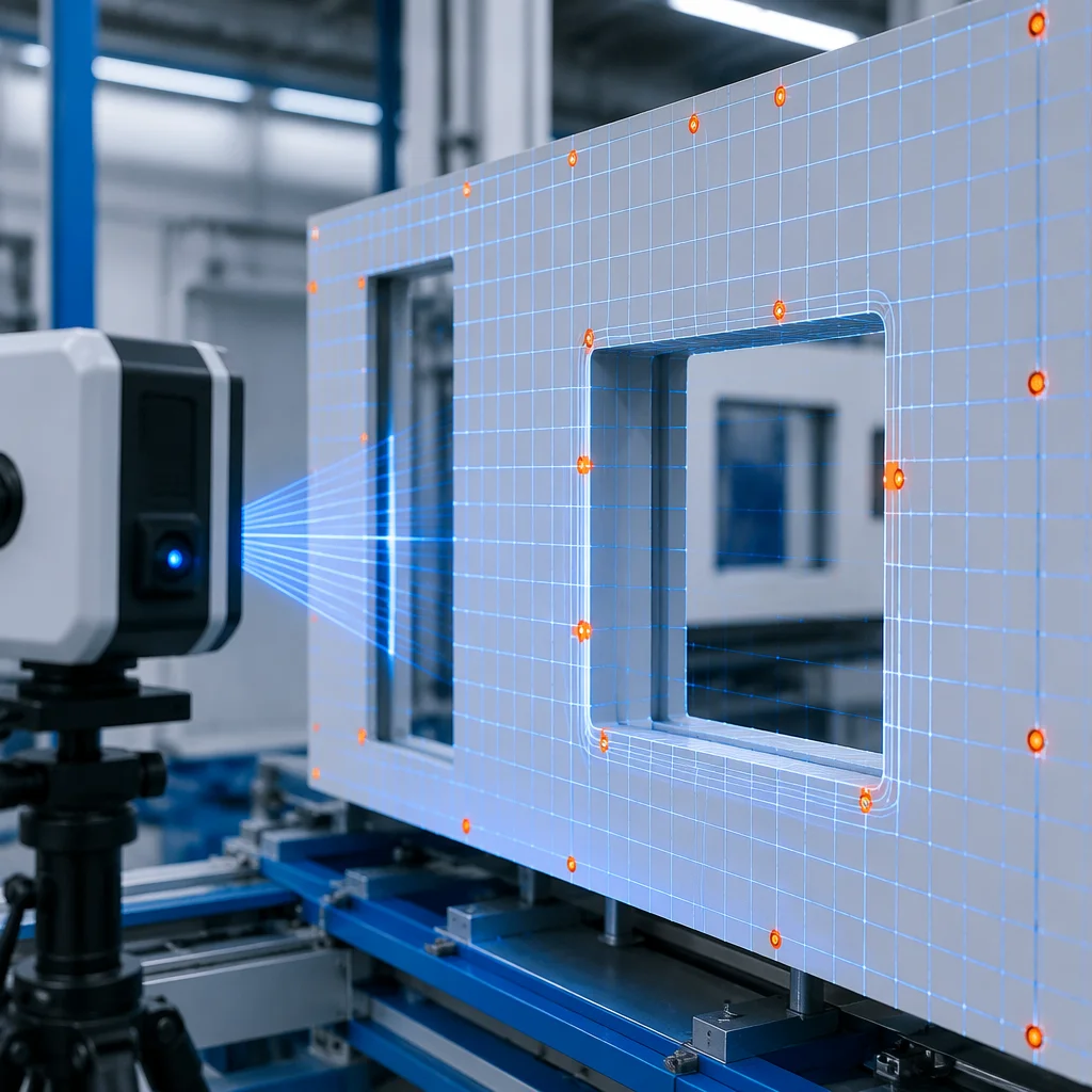 MODURA quality inspector performing laser measurement check on a finished modular unit