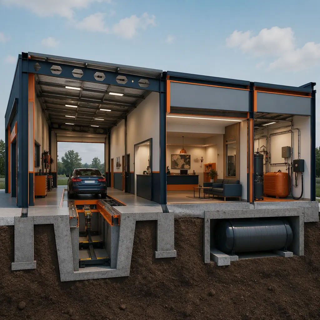 Photorealistic 3D cross-section render of modular quick lube center, showing drive-through service bay with in-ground lift pit, customer lounge with service counter, equipment room with used-oil tank, factory-cast floor slab with reinforced lift zone, clean engineering visualization, no text, no labels