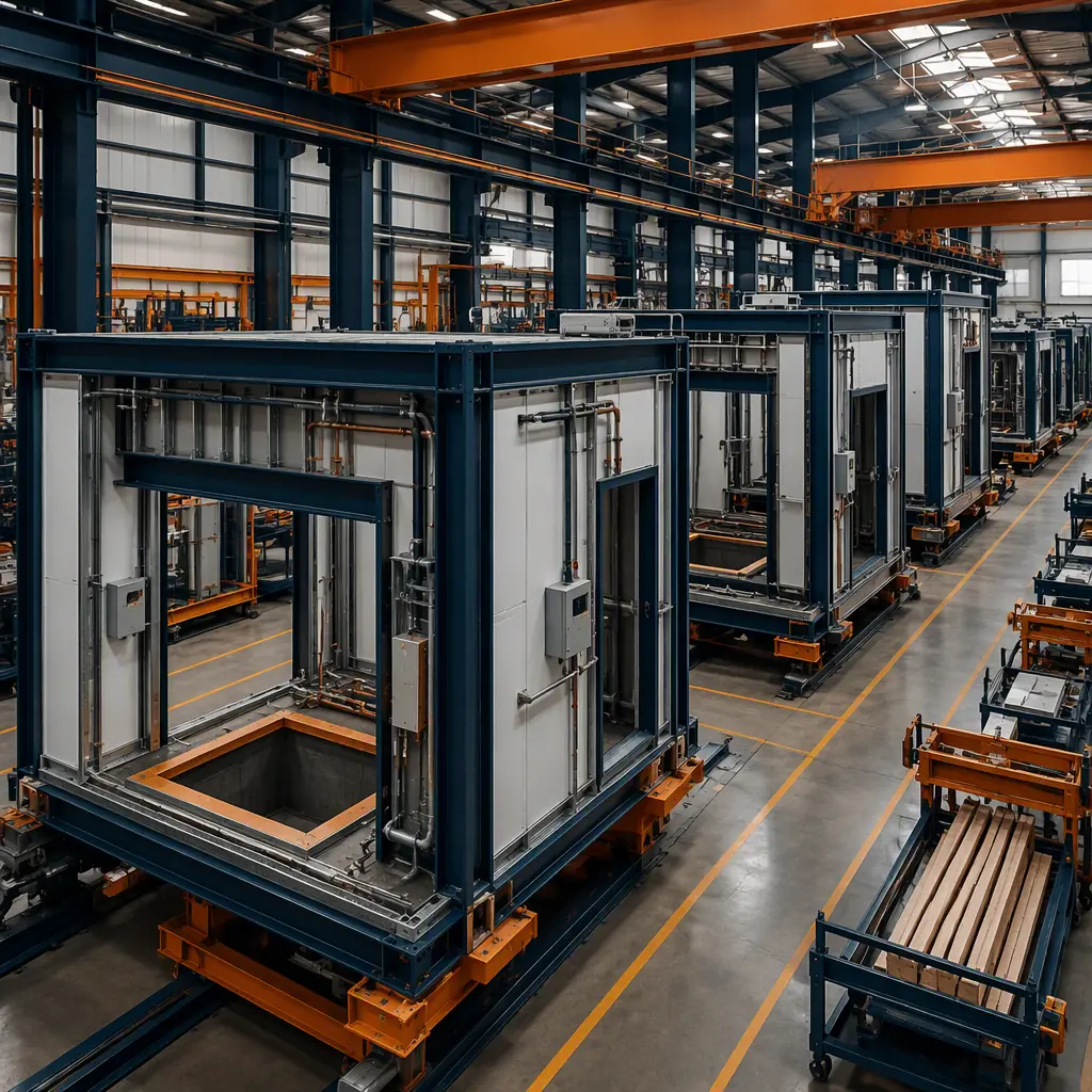 Factory floor of modular prefabricated construction facility, steel-frame service building modules with in-ground lift pit sections and drive-through door headers being fabricated, wall panels and mechanical systems pre-installed on module frames, assembly line with commercial modules, dark navy and warm steel orange accents, no people faces, no text