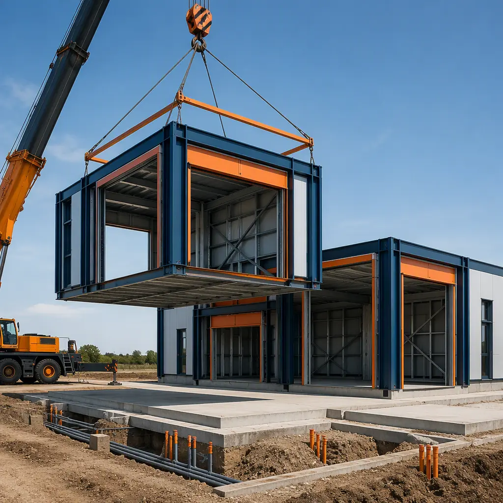 Crane lifting prefabricated steel-frame service module with drive-through bay openings onto concrete pad at quick lube construction site, modules with pre-installed overhead door headers staged for connection, clean level site with utility trenches prepared, module seams visible, dark navy steel with warm orange accents, no people faces, no text