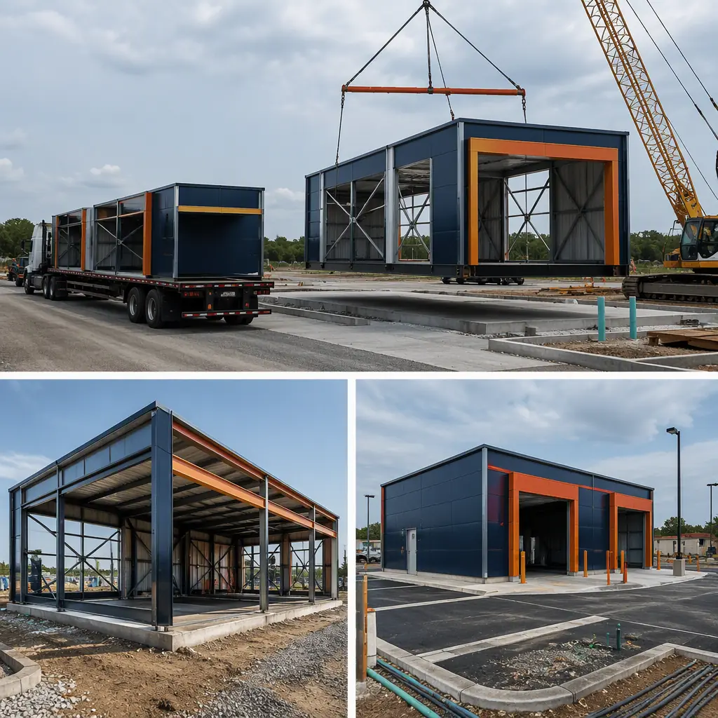 Prefabricated quick lube modules arriving on flatbed trucks at commercial site, crane positioning steel-frame service module onto prepared pad, drive-through bay openings visible on module end, site utilities and parking lot under construction, module seams visible, dark navy steel with warm orange accents, no people faces, no text, no logos