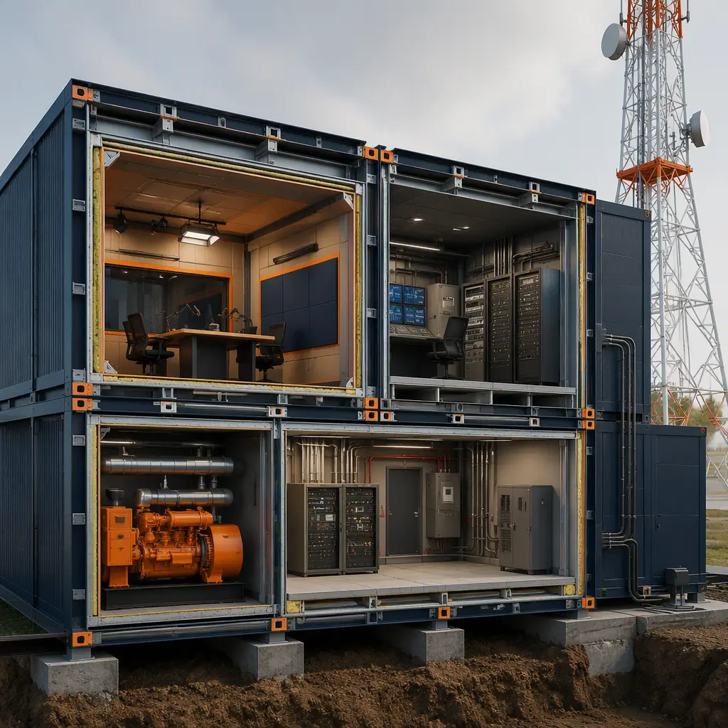 Photorealistic 3D cross-section render of modular broadcast station building, showing acoustically isolated on-air studio with double-wall construction, master control room with equipment racks and raised floor, transmitter room with RF plumbing to tower, generator room, clean engineering visualization, no text, no labels