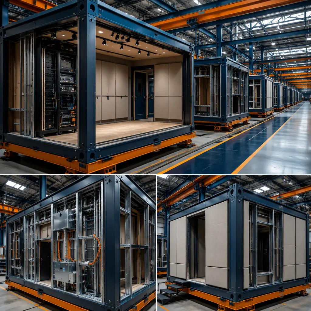 Factory floor of modular prefabricated construction facility, steel-frame studio modules with acoustic wall panels and equipment racks being fabricated, wiring and ductwork pre-installed on module frames, assembly line with broadcast facility modules, dark navy and warm steel orange accents, no people faces, no text