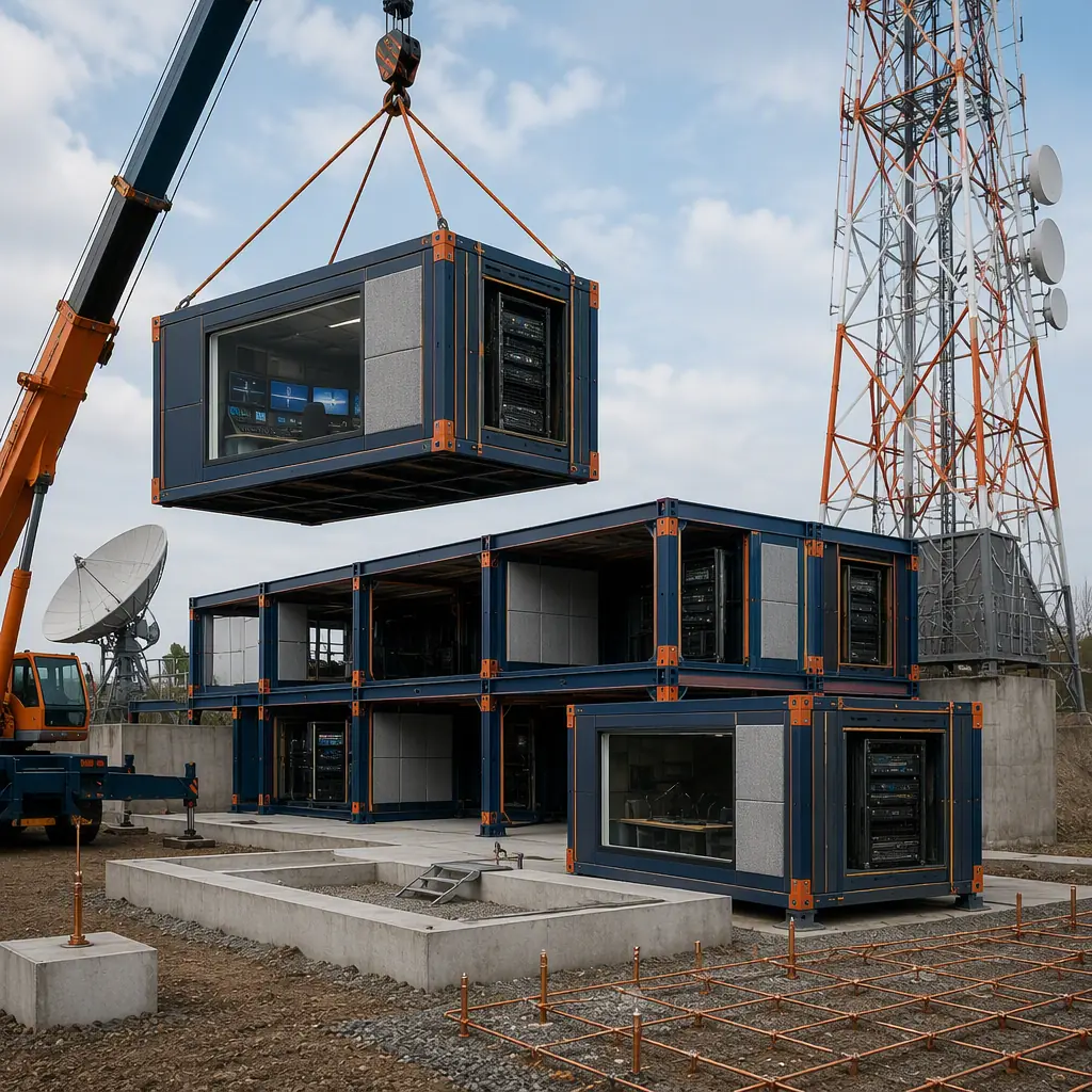 Crane lifting prefabricated steel-frame studio module with acoustic wall panels onto concrete foundation at broadcast station construction site, modules with pre-installed windows and equipment racks staged for connection, tower base and grounding grid prepared beside building, module seams visible, dark navy steel with warm orange accents, no people faces, no text