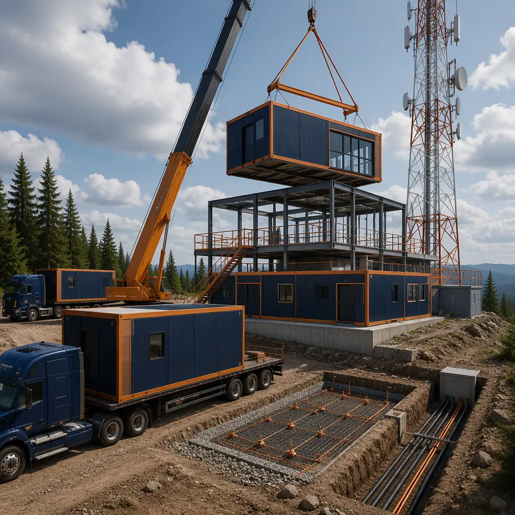 Prefabricated broadcast station modules arriving on flatbed trucks at tower site, crane positioning steel-frame studio module onto prepared foundation, transmission tower rising beside building, grounding grid and utility trench prepared, module seams visible, dark navy steel with warm orange accents, no people faces, no text, no logos