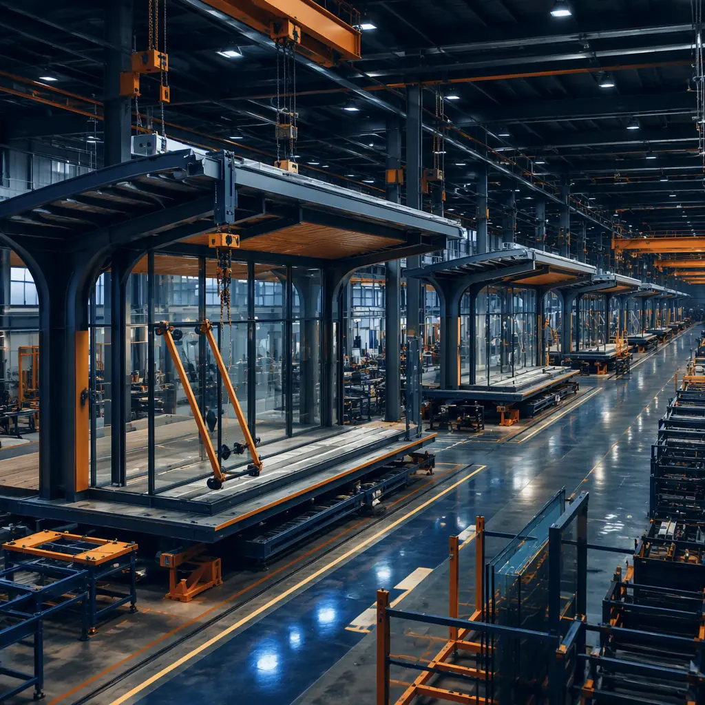Factory floor of a modular construction facility, steel-framed station modules under assembly with glazed waiting room panels being installed, electrical and communications raceways fitted, workers on assembly platforms, bright clean industrial environment