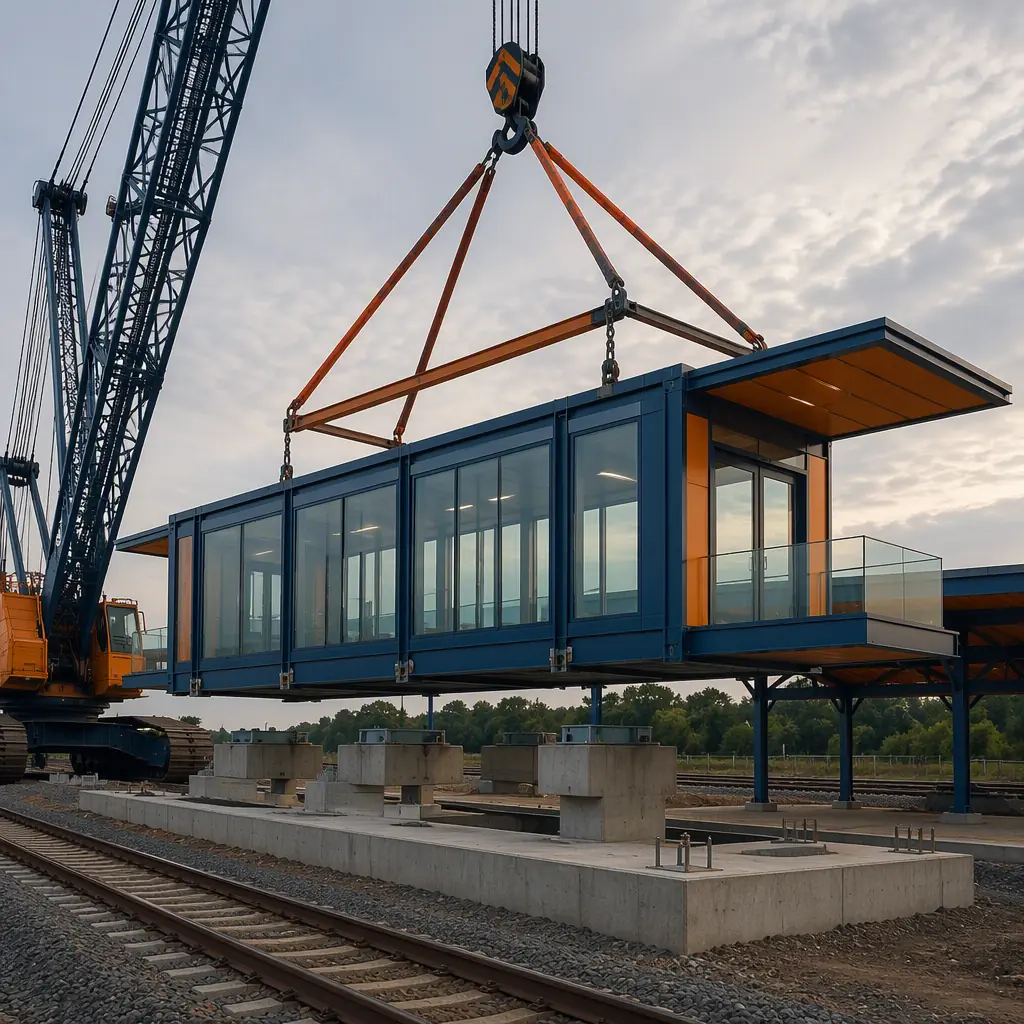 Crane lifting a prefabricated steel-frame station module onto a platform at a light rail construction site at dusk, module with clean geometric lines and module seams visible, railway tracks alongside, navy steel accents with orange details