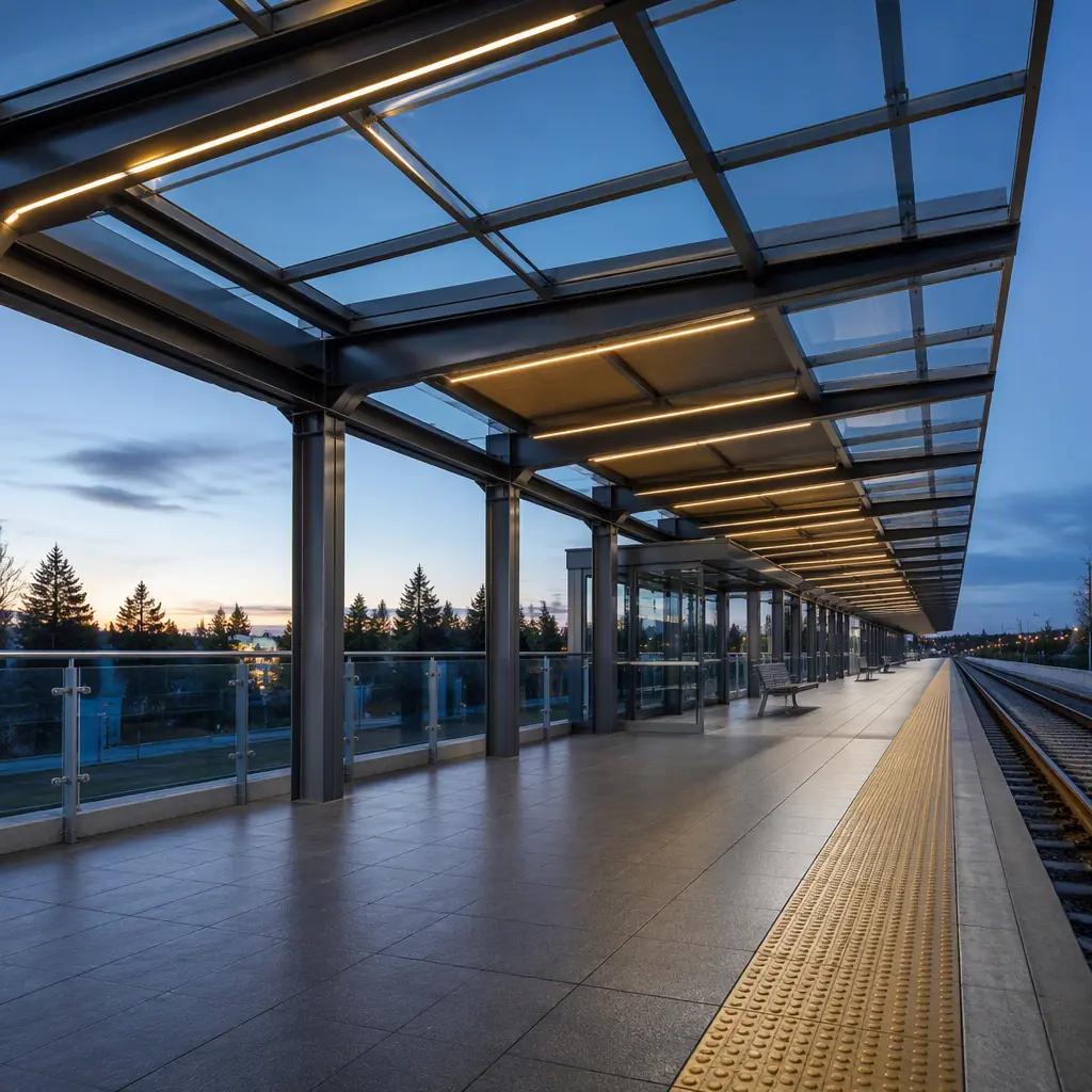 Cantilevered steel canopy modules being installed over a light rail platform, station waiting module with glazed panels on the platform, tactile warning strip at platform edge, railway tracks in foreground, clean geometric lines, navy steel accents with orange details