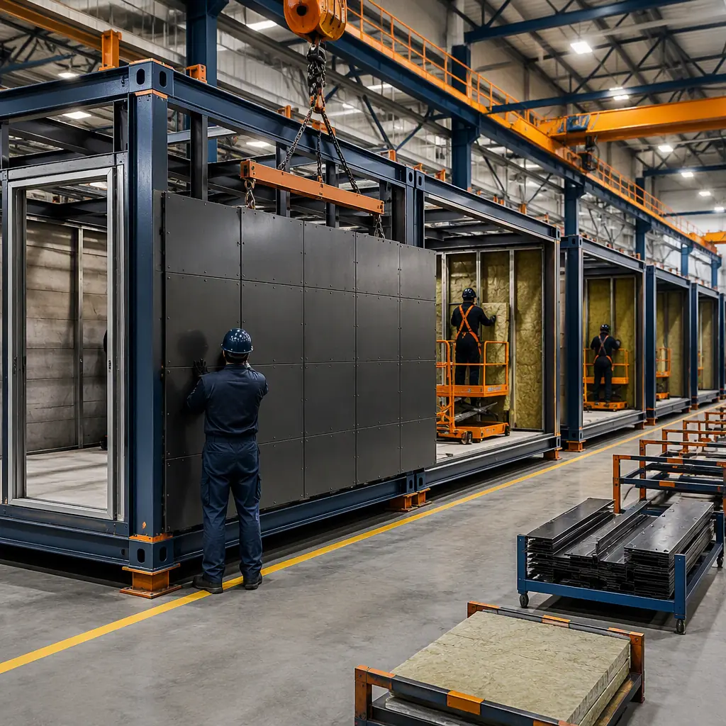 Factory floor of a modular construction facility, steel-framed modules for a shooting range under assembly with ballistic steel wall panels being installed, workers securing acoustic insulation panels, overhead crane, bright clean industrial environment