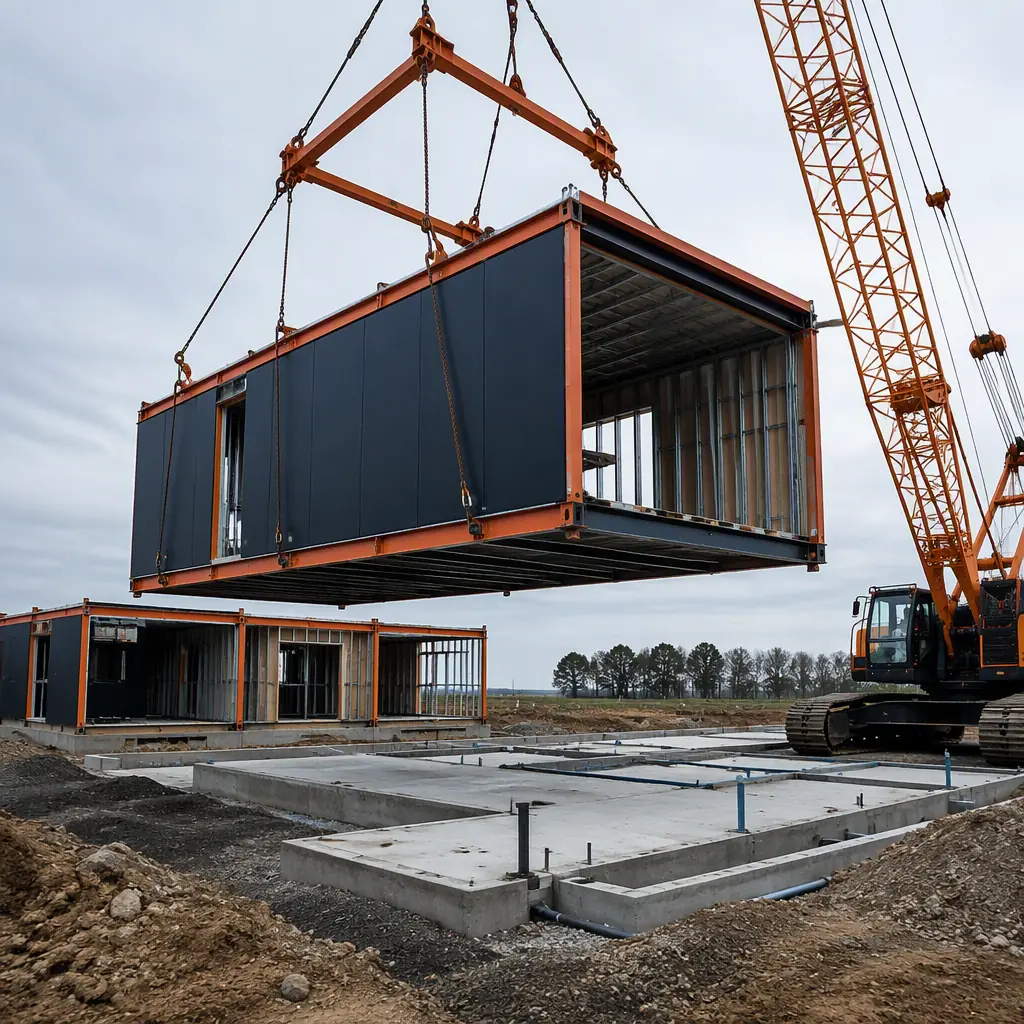 Crane lifting a prefabricated steel-frame building module onto a foundation at a shooting range construction site, module with reinforced wall panels and weatherproof cladding, cleared site with concrete slab and utility trenches, navy steel accents with orange details