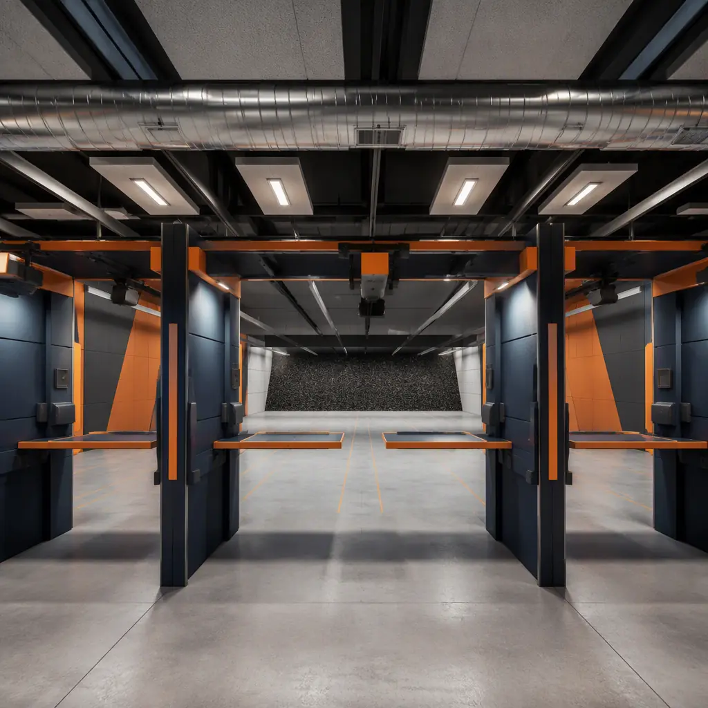 Interior of a modern indoor shooting range, row of shooting lanes with reinforced ballistic partitions, rubber granulate bullet trap at the impact wall, acoustic ceiling panels and downrange ventilation ducts, clean well-lit training facility with navy and orange accents