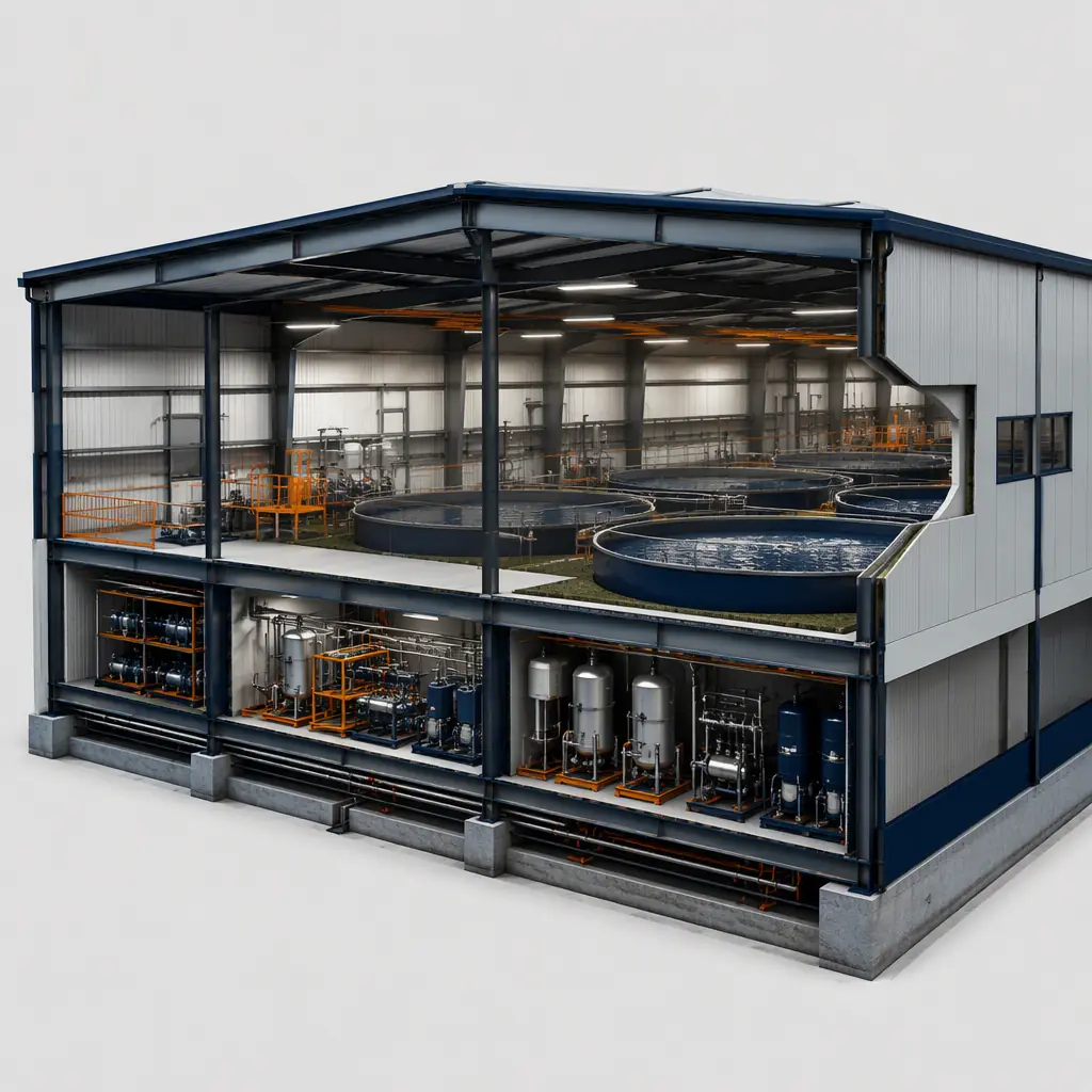 Photorealistic 3D cross-section render of modular RAS fish farm building, circular fish tanks in steel-frame hall with insulated panel envelope, water treatment skid modules visible through cutaway wall, pipe manifolds running under floor, clean engineering visualization, no text, no labels