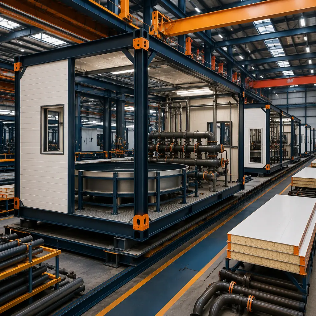 Factory floor of modular prefabrication facility, steel-frame RAS building modules in production with insulated panels being installed, circular tank support rings and pipe manifolds visible inside module frame, assembly line, dark navy steel with warm orange accents, no people faces, no text, no logos