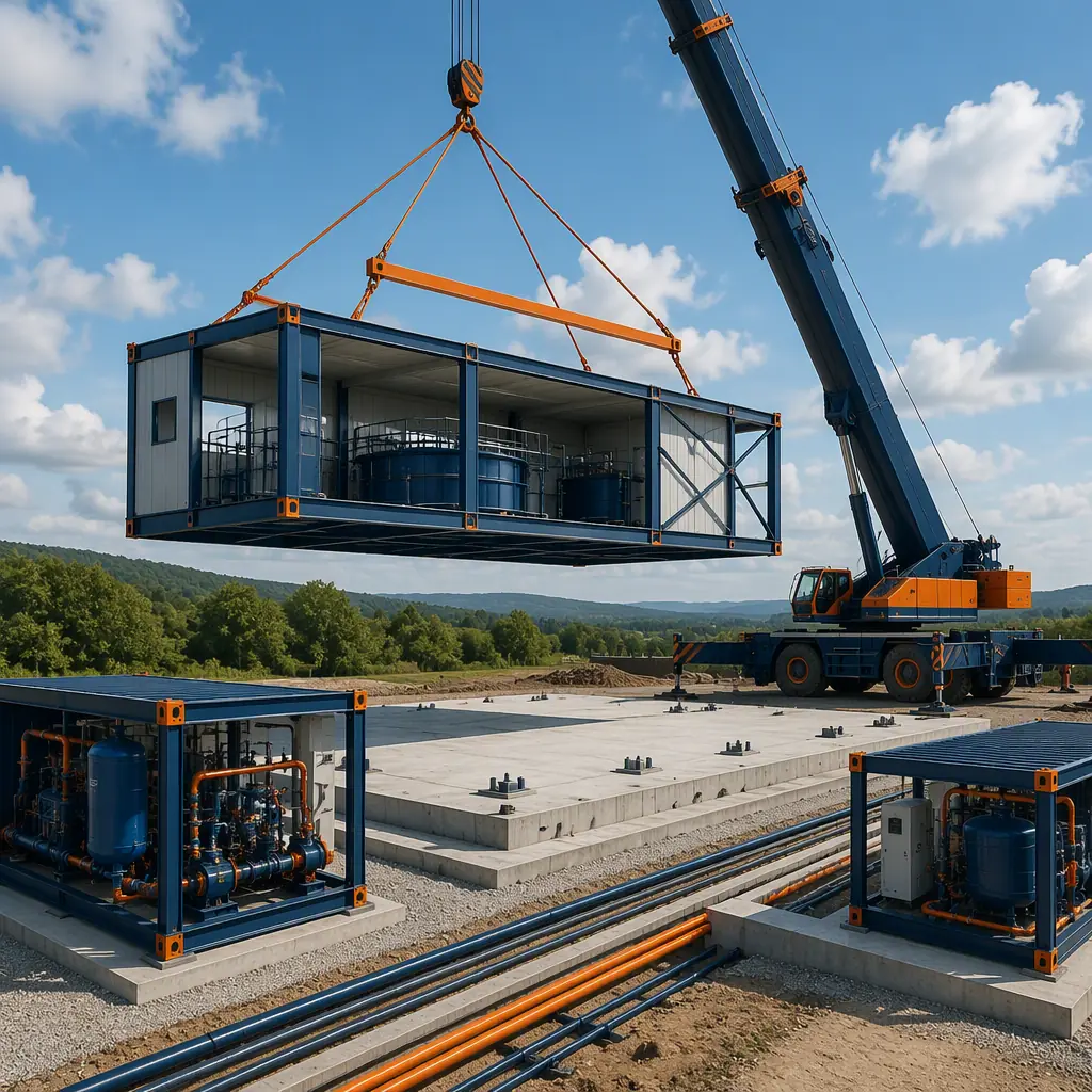 Crane lifting prefabricated steel-frame module for RAS fish farm tank hall onto prepared concrete foundation, module seams visible, water treatment skid modules staged nearby, clean site with utility trenches, dark navy steel with warm orange accents, no people faces, no text