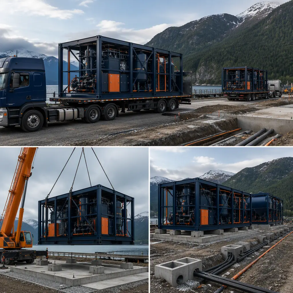 Prefabricated RAS water treatment skid modules arriving on flatbed trucks at fish farm site, crane positioning module onto prepared foundation, module seams visible, utility trenches and site work under preparation, dark navy steel with warm orange accents, no people faces, no text, no logos