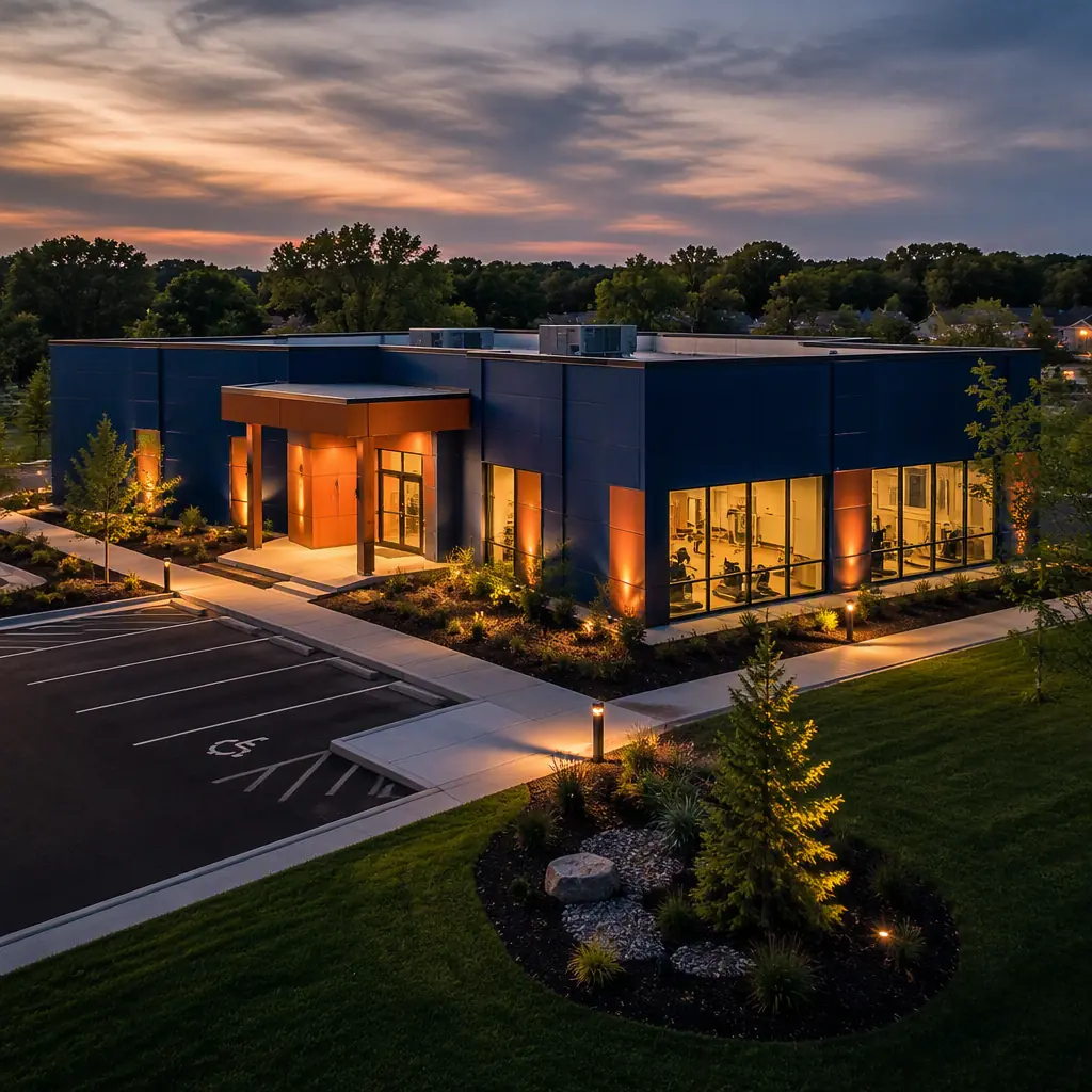 Aerial dusk view of a completed modular physical therapy clinic, single-story prefabricated building with dark navy cladding and warm steel orange accent lighting along the entrance, warm interior lighting through treatment windows, landscaped grounds