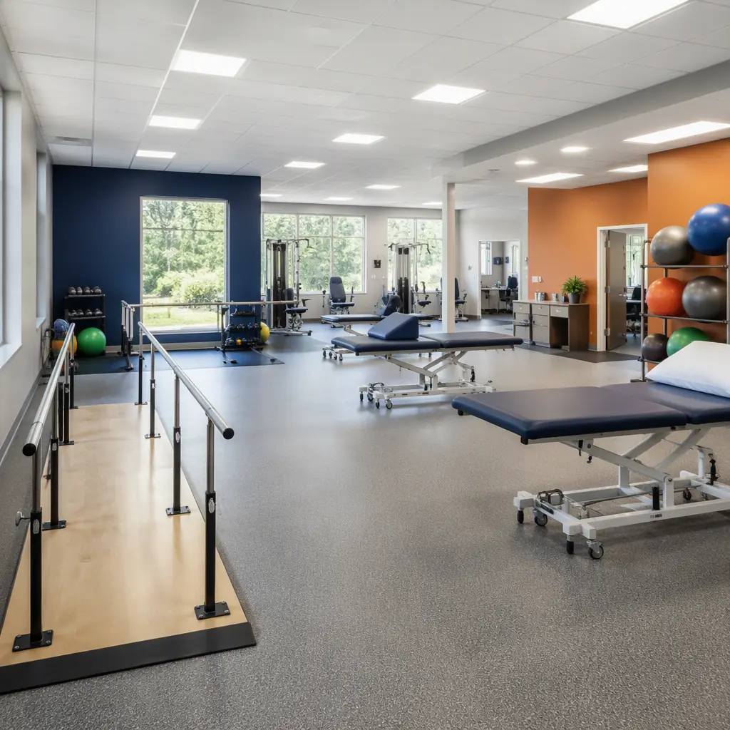 Interior of a physical therapy gym in a modular clinic building, open treatment floor with rehabilitation equipment including parallel bars, treatment tables and exercise stations, large windows with natural light, white walls with dark navy and warm steel orange accent wall, slip-resistant flooring, empty facility