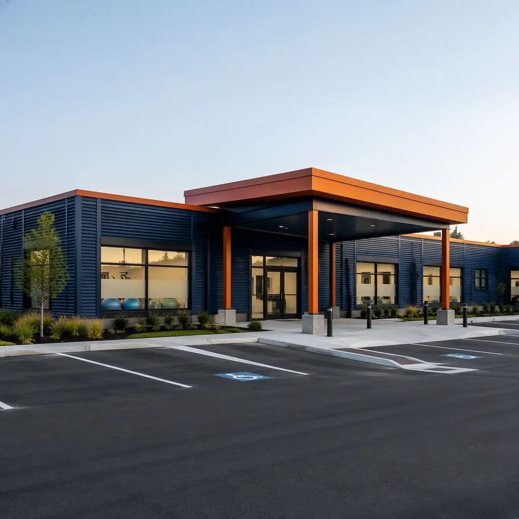 Exterior of a completed modular physical therapy and rehabilitation clinic, single-story prefabricated steel-frame building with dark navy panels and warm steel orange trim, wide patient entrance canopy, therapy gym windows with translucent privacy film, accessible parking, morning light