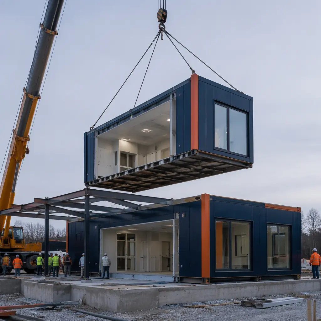 Construction site with a crane setting a prefabricated steel-frame module onto a foundation for a new medical clinic, modules with finished interior and dark navy cladding being joined, construction crew at a distance, modular prefabricated construction process