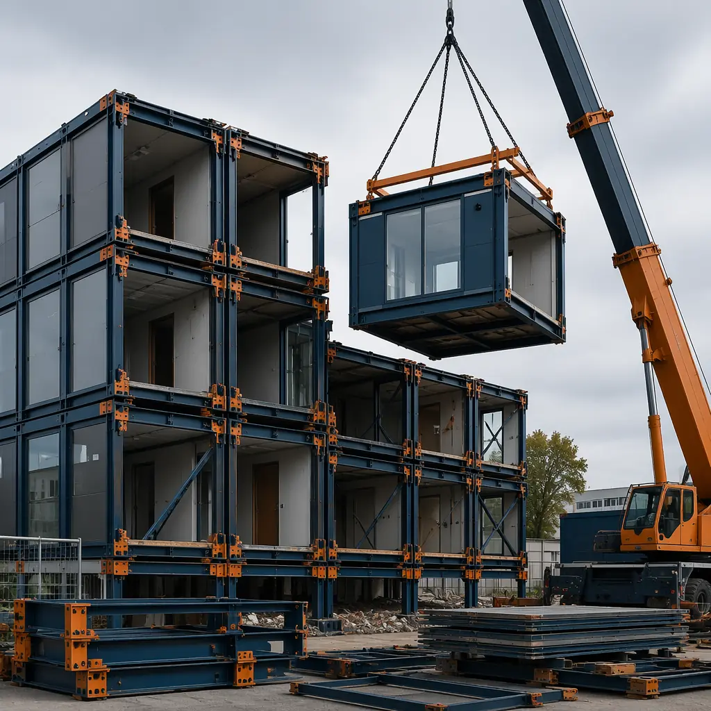 Modular building modules being loaded onto flatbed trucks for relocation, prefabricated steel frame units with factory-assembled modules separated and prepared for transport, modular construction logistics yard with crane operating, module seams and connection points visible, organized industrial setting with dark navy branded equipment