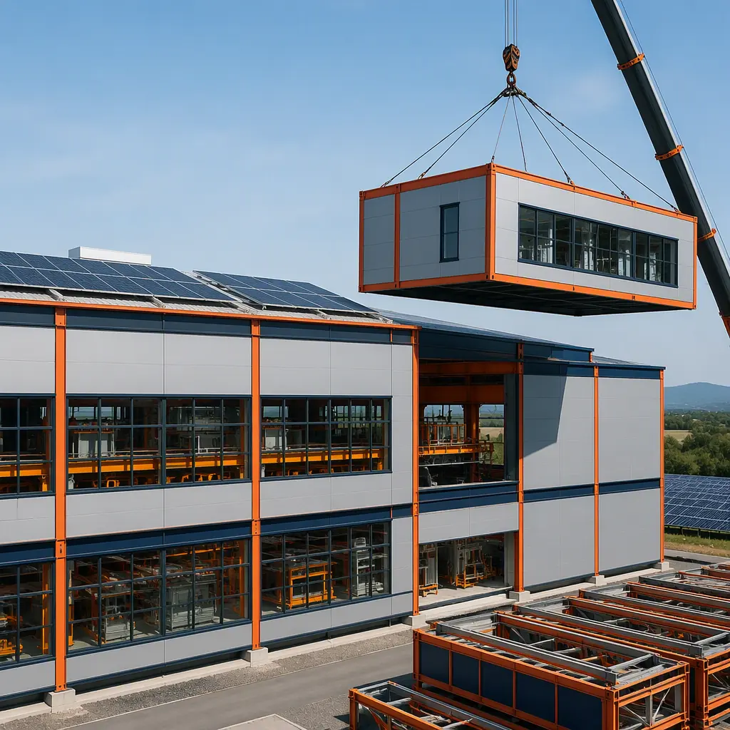 Modern modular renewable energy manufacturing campus exterior, steel-framed prefabricated production modules arranged in clean geometric grid, solar panel assembly lines visible through factory windows, wind turbine nacelle being craned onto assembly bay module, dark navy structural steel accents with warm steel orange safety detailing, modular prefabricated construction for clean energy gigafactory, module seams visible