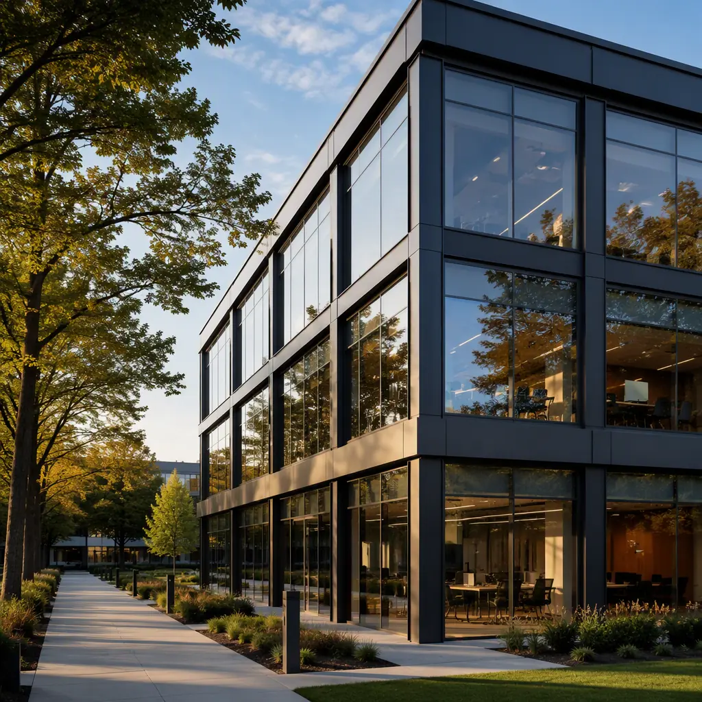 Modern commercial modular office building exterior with steel frame and glass facade, professional architectural photography, warm afternoon sun, landscaped surroundings, conveying permanent high-quality construction