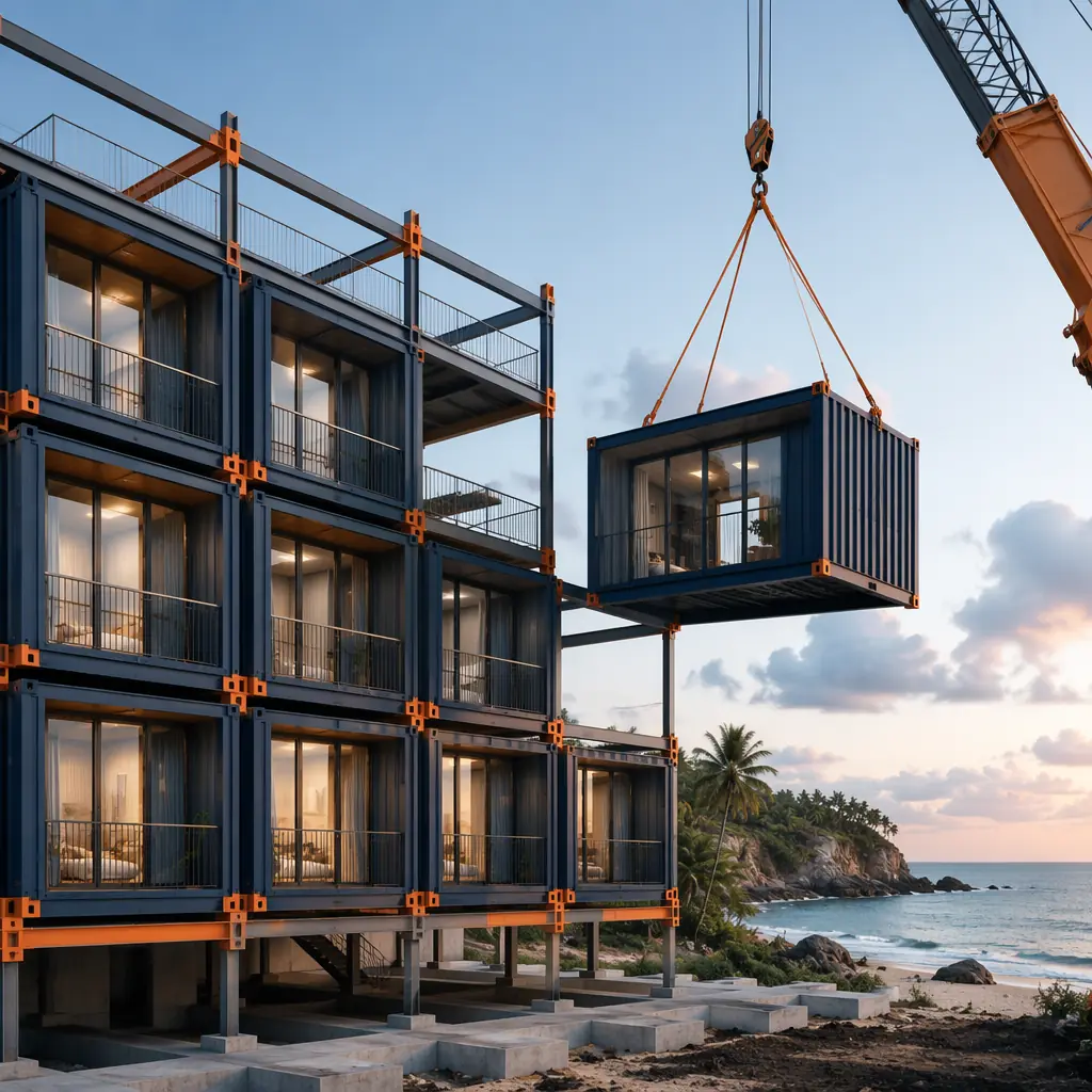 Modular prefabricated resort hotel building exterior at coastal destination, stacked room modules with clean geometric facade reflecting grid pattern, steel frame structure visible, modules being craned into position near beach, modern architecture with warm steel orange accents