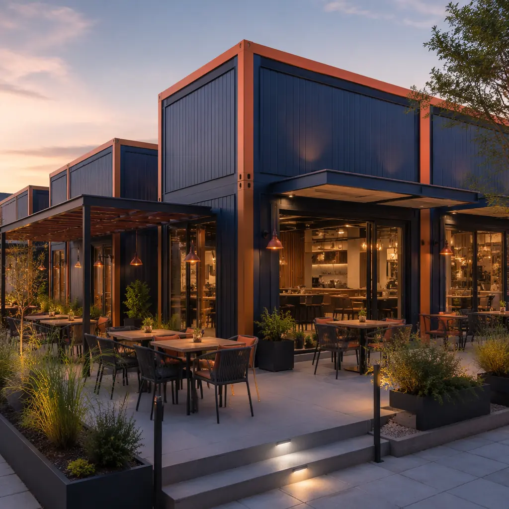 Modern modular fast-casual restaurant building exterior, prefabricated steel frame modules with clean geometric facade, outdoor dining patio, module seams visible on facade, warm evening lighting