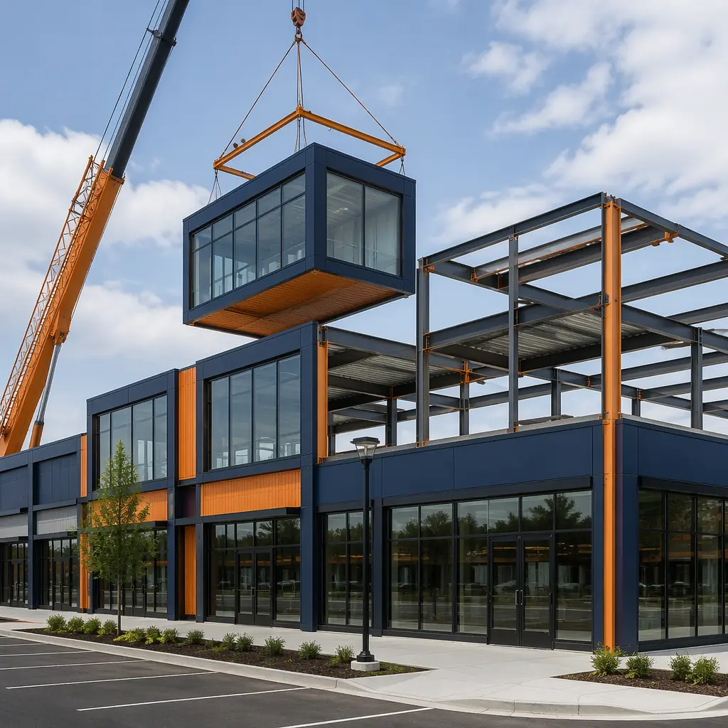 Modular retail building exterior, prefabricated store modules being craned into place, steel frame structure visible, modern glass storefront facade, clean geometric lines, grid pattern reflecting modular units, module seams visible, retail plaza setting