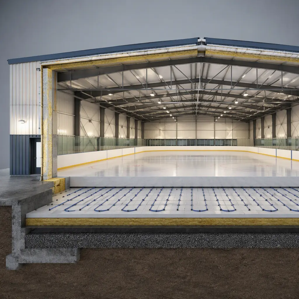 Photorealistic 3D cross-section render of a modular ice rink building showing the refrigerated concrete slab with embedded piping, insulation and vapor barrier layers, insulated wall panels, and long-span roof structure, clean engineering visualization