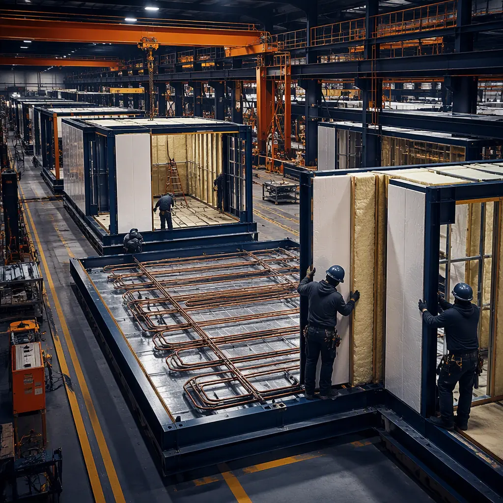 Factory floor of a modular construction facility, steel-framed modules for an ice rink under assembly with insulated wall panels being installed, refrigeration piping grid visible on a slab module, workers securing insulation, overhead crane, bright clean industrial environment