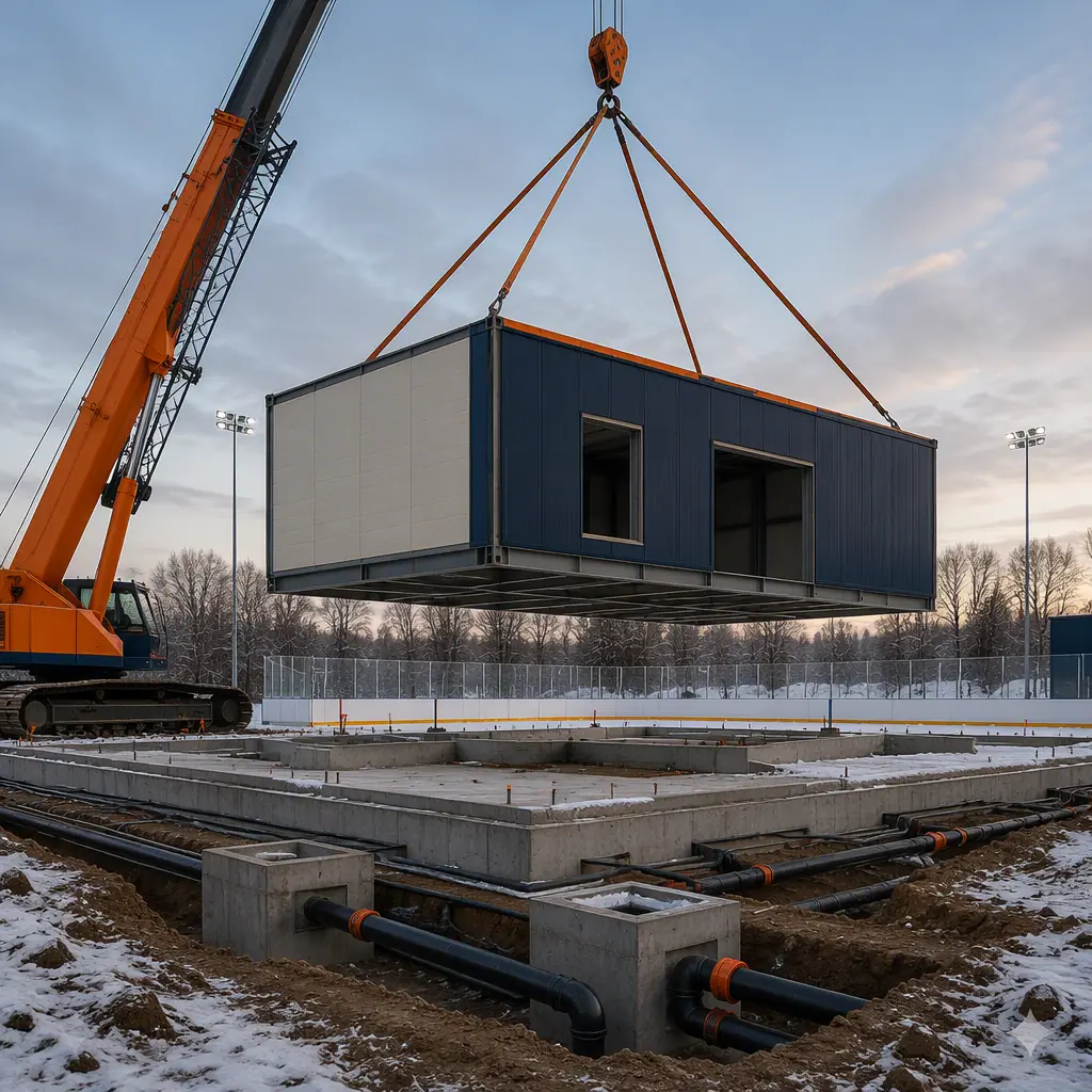 Crane lifting a prefabricated steel-frame building module onto a foundation at an ice rink construction site, module with insulated wall panels and weatherproof cladding, cleared site with refrigeration utility trenches, navy steel accents with orange details