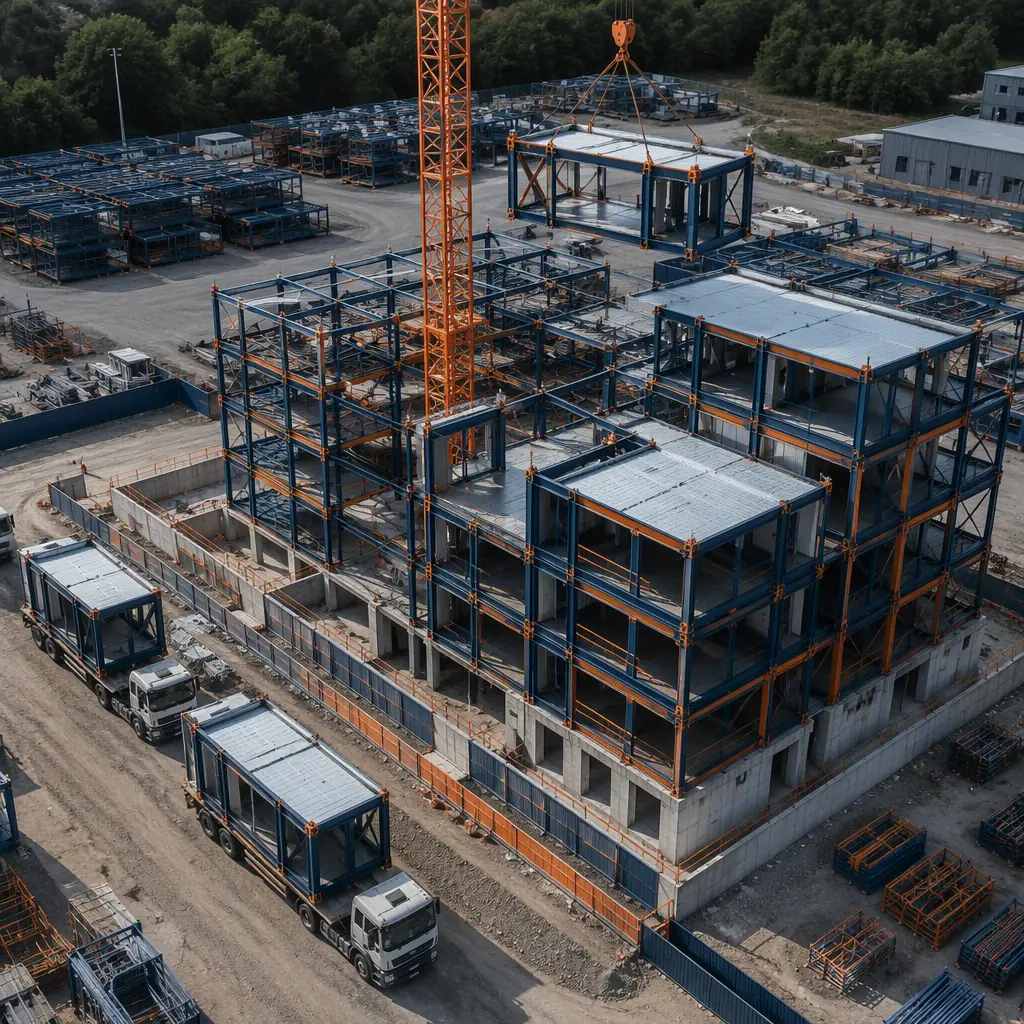 Modular prefabricated building modules being craned into position on construction site, steel frame structure visible, controlled factory-to-site process reducing project risk