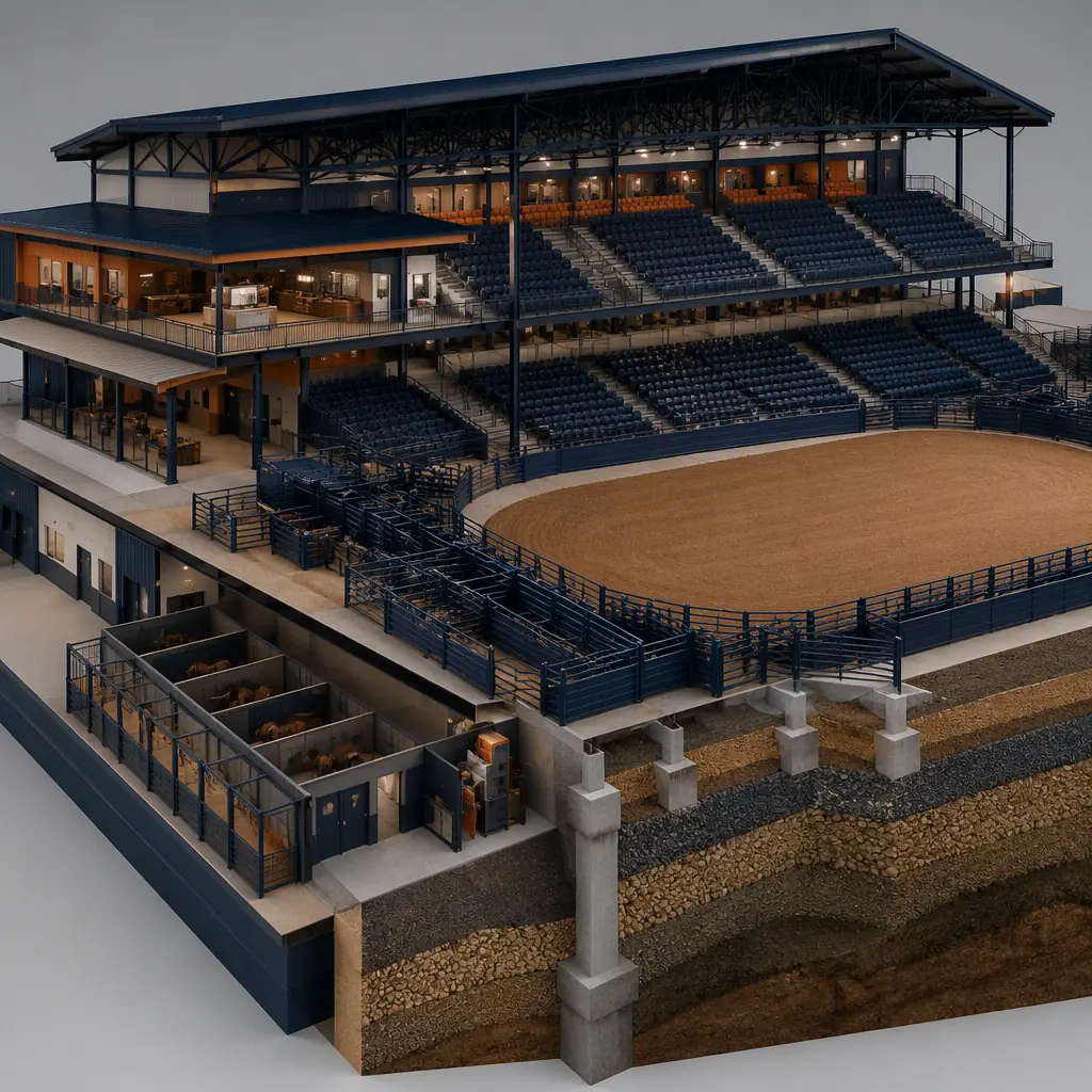 Photorealistic 3D cross-section render of modular rodeo arena, showing grandstand with covered seating decks, dirt arena bowl with engineered footing layers, bucking chutes and alley, holding stalls and veterinary module, concession and restroom buildings at concourse, clean engineering visualization, no text, no labels
