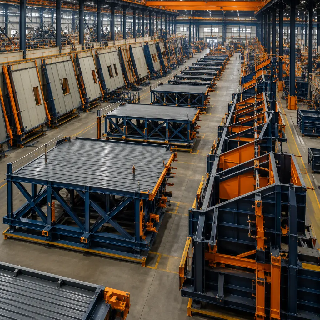 Factory floor of modular prefabricated construction facility, steel-frame grandstand deck modules and bucking chute assemblies being fabricated, assembly line with arena wall panels with kickboards, dark navy and warm steel orange accents