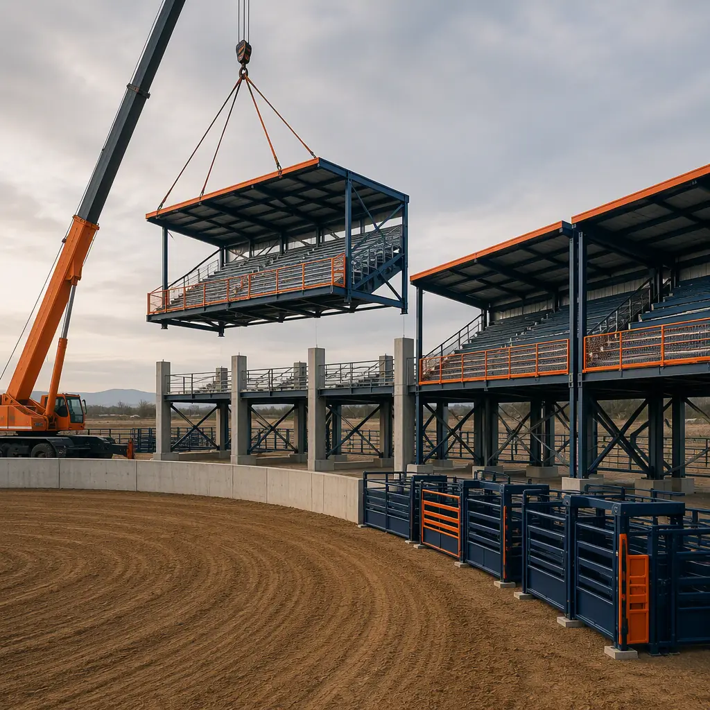 Crane lifting prefabricated steel-frame grandstand module onto concrete piers at rodeo arena construction site, dirt arena bowl graded and compacted in foreground, chute modules staged beside arena wall, module seams visible, dark navy steel with warm orange accents, no people faces, no text
