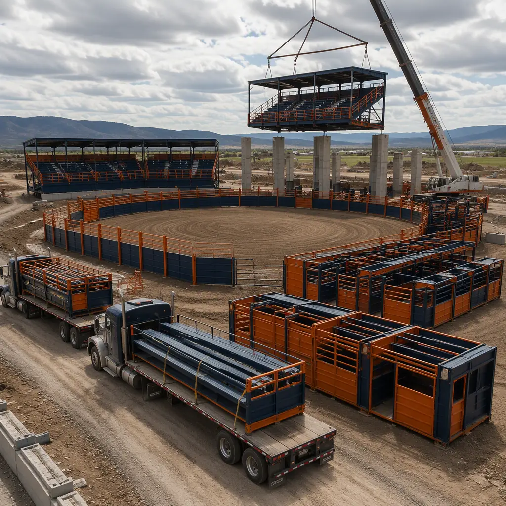 Prefabricated rodeo arena modules arriving on flatbed trucks at construction site, crane lifting steel-frame grandstand section onto concrete piers, dirt arena bowl prepared with chute modules staged at perimeter, module seams visible, dark navy steel with warm orange accents, no people faces, no text, no logos